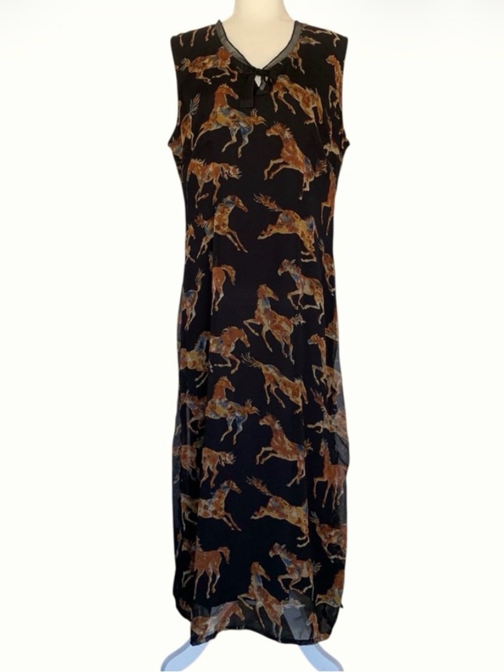 Gordon & James Galloping Horses Black Sleeveless Layered Keyhole Maxi Dress, L